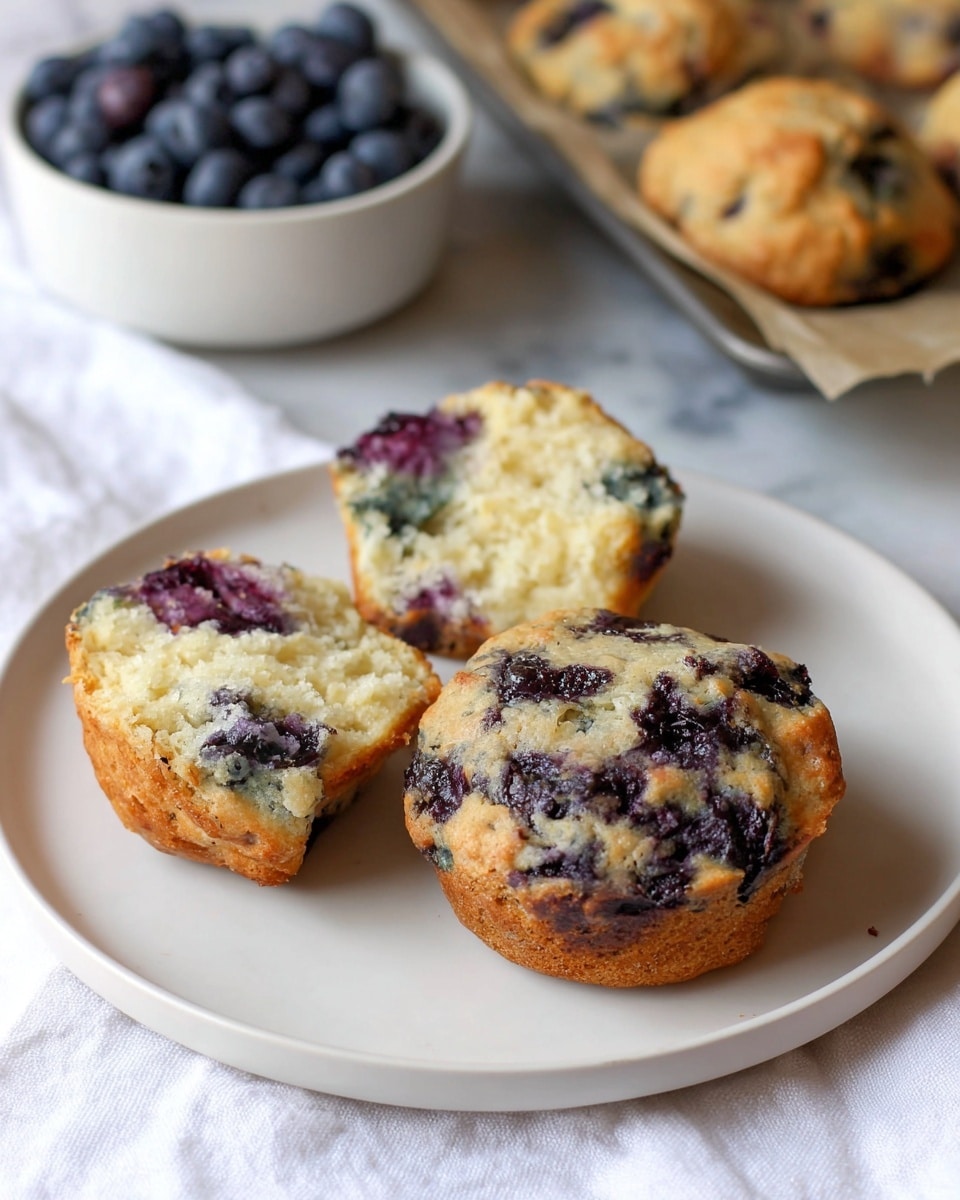 A white plate holds two blueberry muffins with one muffin split open showing its inside. The whole muffin on the right has a rough, golden-brown top with visible dark purple blueberries embedded. The two halves on the left show a soft, light yellow inside with scattered blueberries giving patches of purple and blue. The plate sits on a white marbled surface with a white cloth underneath. In the background, there is a white bowl filled with fresh blueberries and a baking tray with more muffins on parchment paper. Photo taken with an iphone --ar 4:5 --v 7