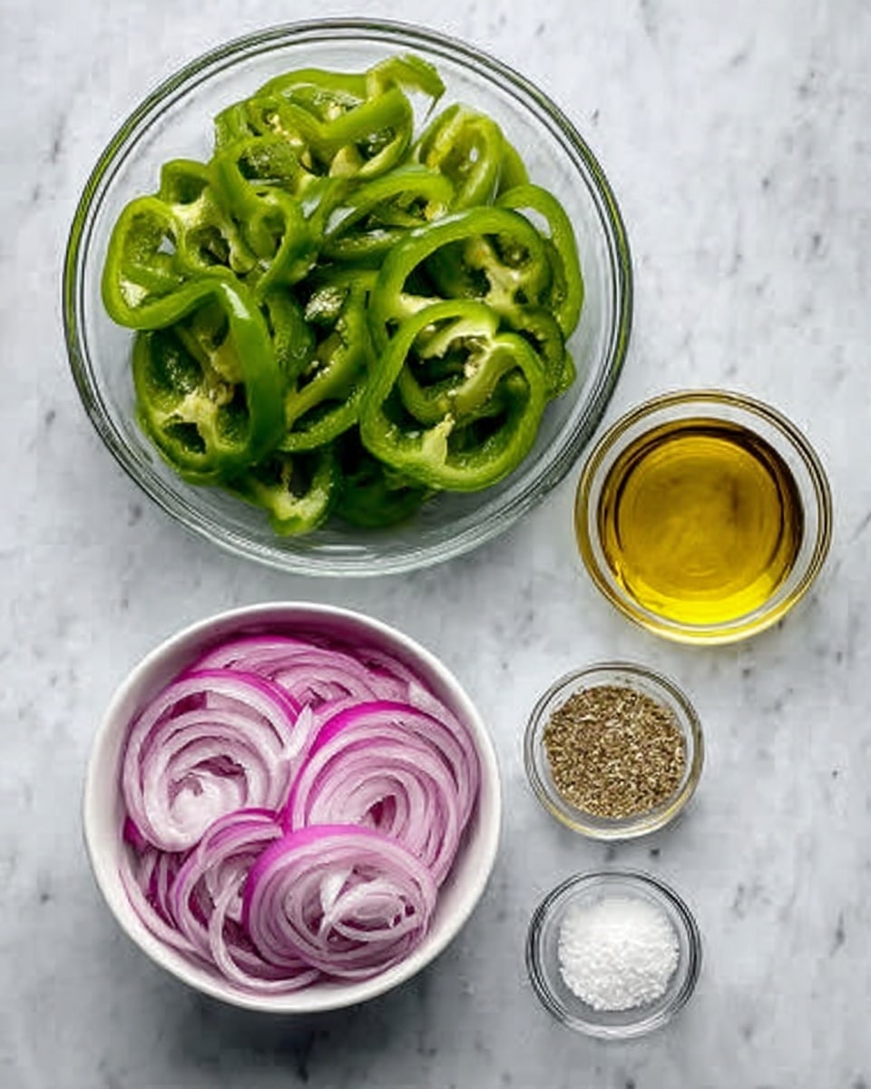 The image shows four clear glass bowls placed on a white marbled surface. The top bowl is filled with sliced green bell peppers, layered thick and shiny. Below and to the left, a white bowl contains thinly sliced red onions with curved layers. To the right of the onion bowl, there is a small bowl of golden olive oil with a smooth, shiny surface. Next to it, a small bowl contains dried seasoning with a mix of light brown, beige, and green colors. Below these, another small bowl holds fine white salt with a powdery texture. The photo was taken with an iphone --ar 4:5 --v 7