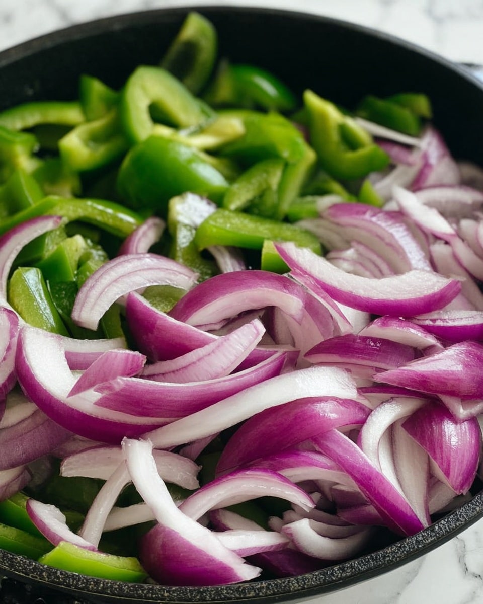 A close-up view in a black pan filled with two layers of chopped vegetables: the top layer has bright purple and white sliced red onions with smooth, shiny textures and curved shapes, while underneath there are fresh light to medium green bell pepper pieces with a slightly rough texture and irregular shapes. The vegetables look fresh and crisp, showing natural brightness and moisture. The background features a white marbled texture. photo taken with an iphone --ar 4:5 --v 7