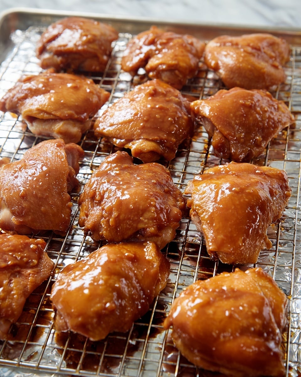 This image shows twelve pieces of raw marinated chicken thighs placed on a metal wire rack over a foil-lined tray. Each chicken piece has a glossy, thick sauce coating with a rich brown and reddish hue, making the surface look wet and shiny. The chicken pieces vary slightly in size and shape, with some showing smooth skin and others with visible textures of skin folds and fat. The wire rack grid creates a pattern beneath the chicken, and the foil below reflects light slightly, adding soft silver highlights. The background is a white marbled texture photo taken with an iphone --ar 4:5 --v 7