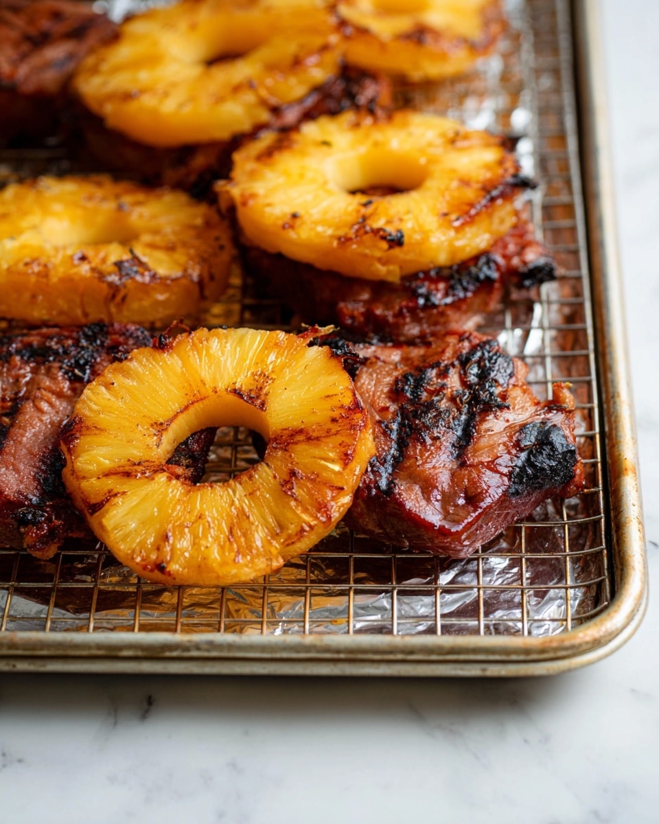 The image shows several pieces of grilled meat with one large round slice of grilled pineapple placed on top of each piece. The meat looks slightly charred with dark brown and reddish tones, while the pineapple slices have a golden yellow color with light grill marks. The pieces are arranged on a wire rack over a tray lined with foil. The background is a white marbled surface. photo taken with an iphone --ar 4:5 --v 7