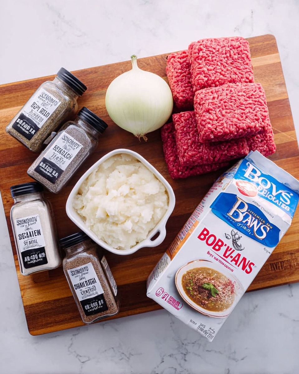 The image shows a wooden cutting board placed on a white marbled surface, holding various cooking ingredients. There are two packs of bright red ground beef with purple labels stacked on the right side of the board. Two large white onions with a slightly shiny texture sit near the center and right edge. In front of the onions is a white tub of mashed potatoes with a colorful label featuring an image of creamy mashed potatoes garnished with a green herb. To the far right of the board is a white carton of beef broth with a detailed image of soup on its label. Three small clear spice jars with black lids and white labels marked
