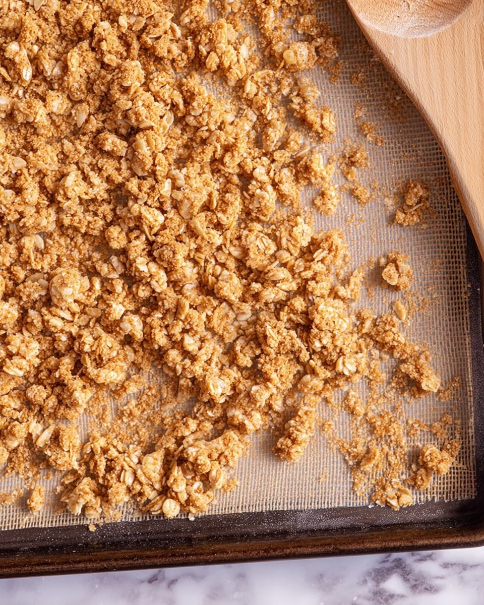 The image shows a close-up view of a baking tray with a textured beige mat inside, covered with a single thick layer of crumbly granola clusters. The granola pieces are golden brown and pale beige, with a rough and uneven texture, scattered all over the mat. In the upper right corner, the edge of a wooden spoon with a smooth surface rests on the mat, partially covered by granola crumbs. The tray is dark metal and pushed against the bottom edge of the image. The background surface is a white marbled texture photo taken with an iphone --ar 4:5 --v 7