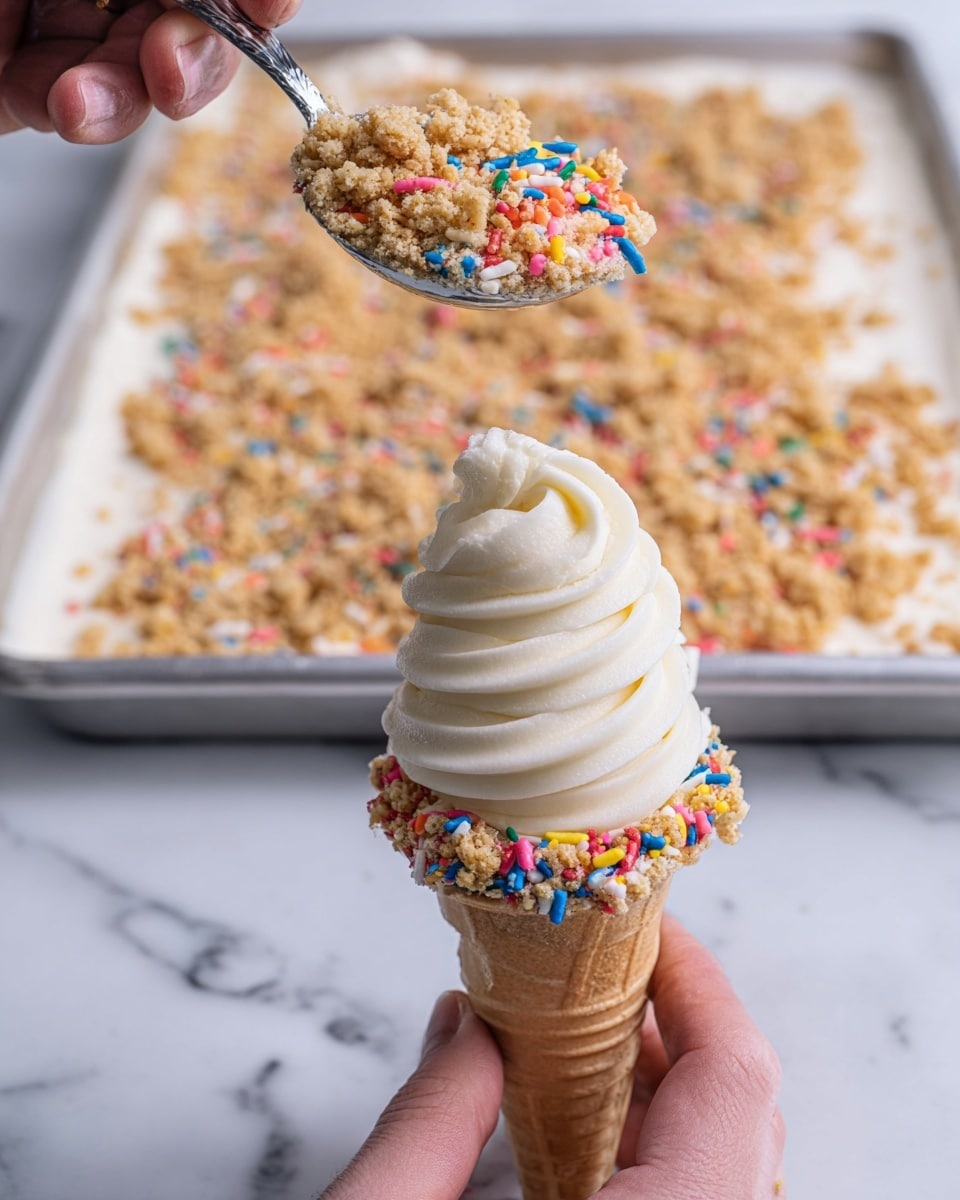 A soft serve vanilla ice cream in a light brown cone held by a woman's hand is close to the camera, with the ice cream showing smooth, spiral layers stacked neatly on top. Above the ice cream, a woman's hand holds a silver spoon filled with crumbly, light brown streusel topping mixed with colorful sprinkles in red, blue, yellow, green, white, and pink, about to be added to the ice cream. In the background, there is a large silver tray filled with the same crumbly streusel topping and colorful sprinkles, all placed on a white marbled surface. photo taken with an iphone --ar 4:5 --v 7