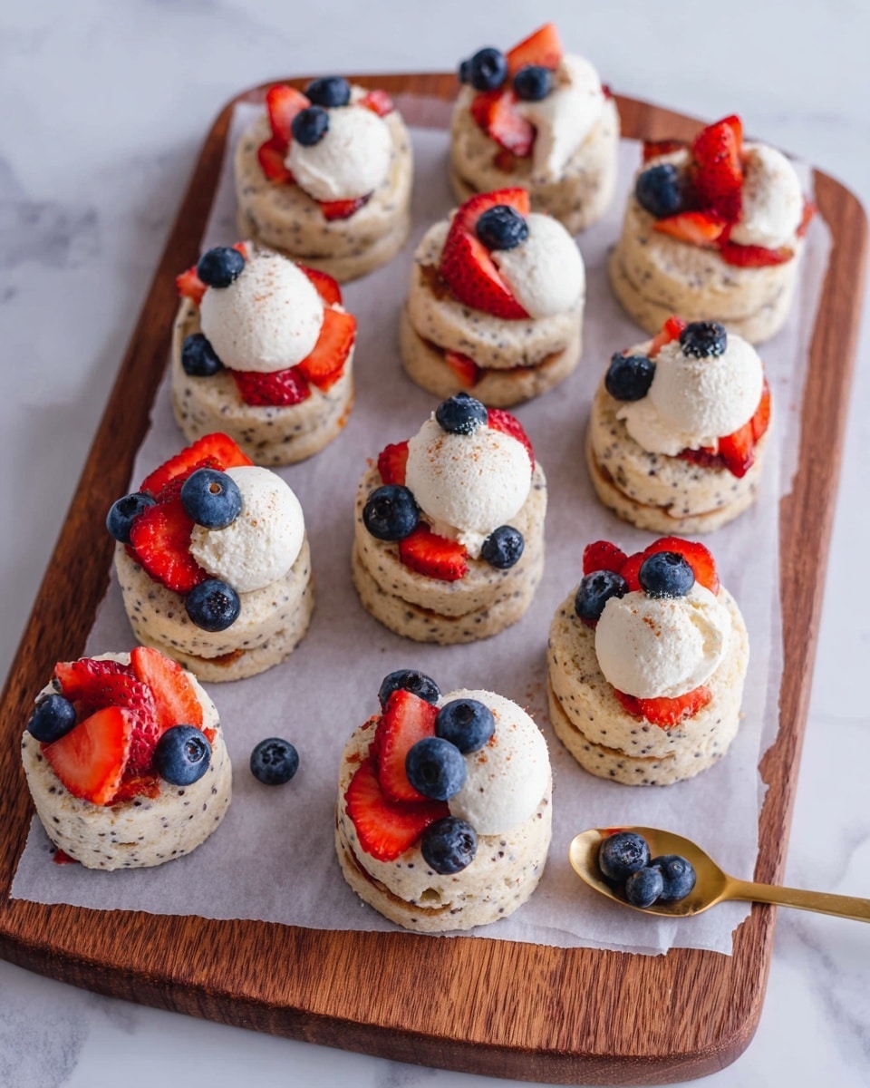 The image shows a wooden board holding ten small round cakes on white parchment paper. Each cake has two layers: a light beige sponge cake speckled with black seeds forms the base and middle layer. Between and on top of these layer are dollops of white cream. Surrounded around the cream and on the cakes are small pieces of red strawberries and whole dark blue blueberries, adding bright color. Some cakes have an extra rounded scoop of cream on top, also decorated with blueberries. One cake sits on a gold spoon at the bottom right, also topped with fruit and cream. The background is a white marbled surface. Photo taken with an iphone --ar 4:5 --v 7