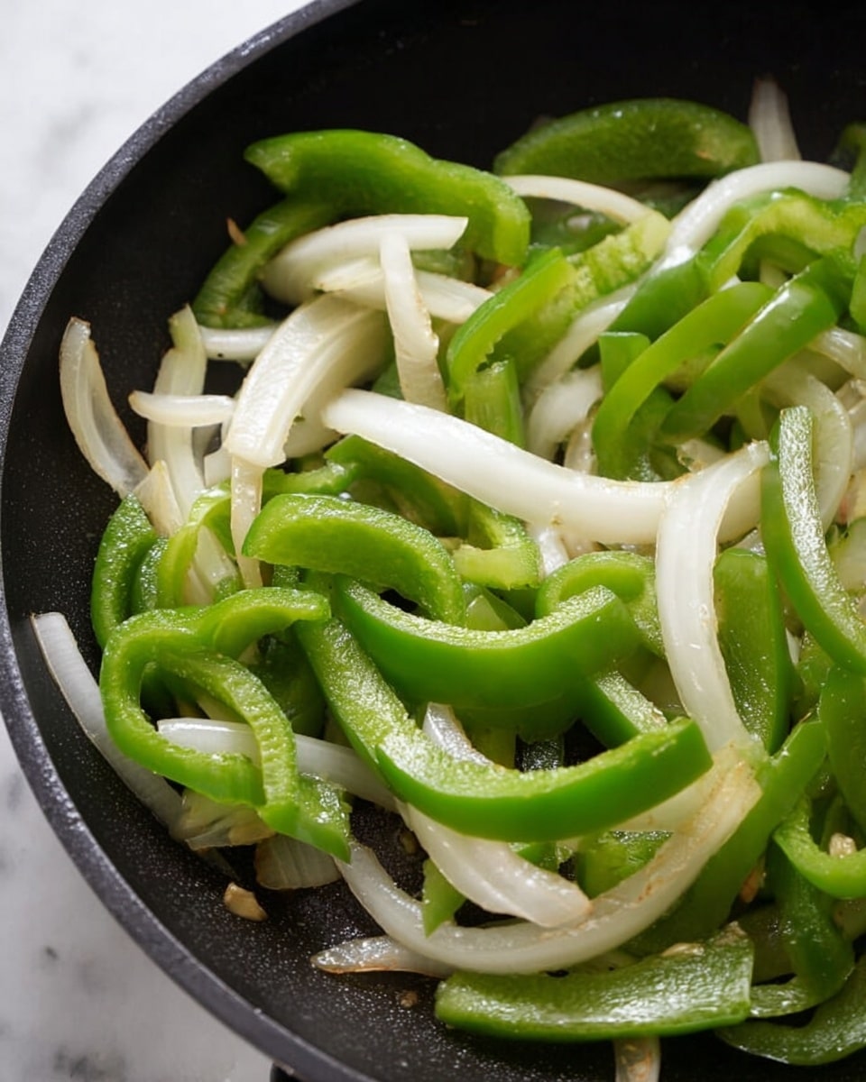 The image shows a close-up of green bell pepper strips and white onion slices inside a black cooking pan. The green bell pepper pieces are bright with curved shapes and some seeds still visible, scattered throughout the pan. The white onion slices are thick and layered, mixed evenly with the green peppers. The pan surface looks textured and slightly oily, giving a shiny and cooked appearance to the vegetables. The background is a white marbled texture. Photo taken with an iphone --ar 4:5 --v 7