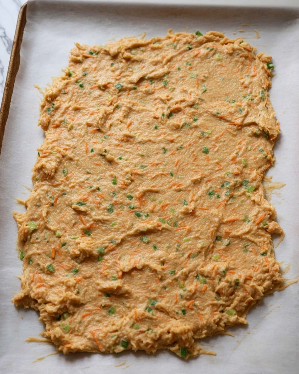 This image shows a single thick and uneven flat layer of a mixed batter spread on parchment paper, placed on a baking tray. The mixture is light brown with visible shredded orange pieces and small green bits scattered throughout, giving it a textured look. The flat layer covers most of the tray surface and has rough, somewhat jagged edges. The background is a white marbled surface. photo taken with an iphone --ar 4:5 --v 7