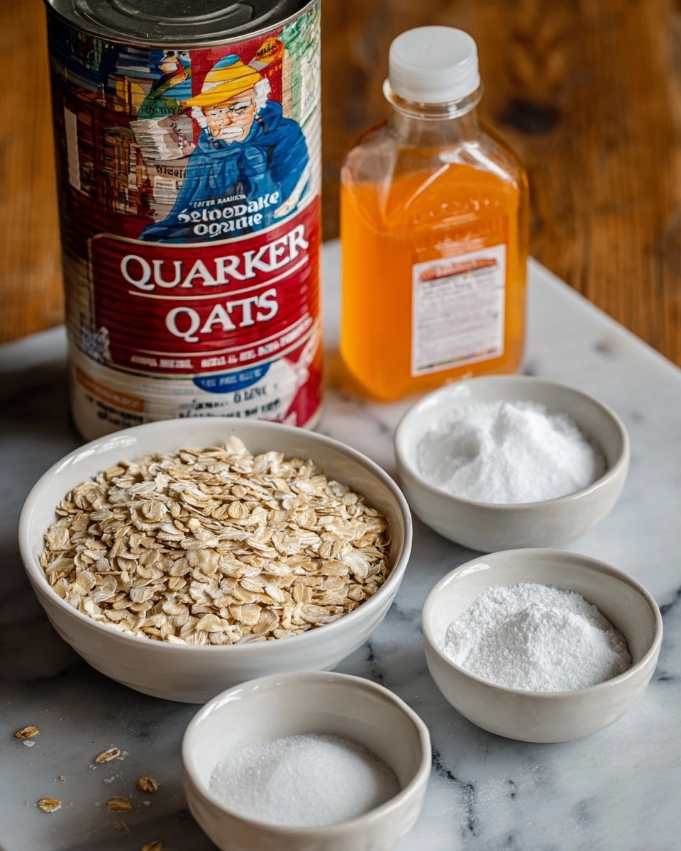 This image shows a collection of baking ingredients arranged on a white marbled surface. There is a large white glass bowl filled with light brown oats positioned in the lower left, next to a middle-sized white glass bowl full of granulated white sugar, and two small white glass bowls containing salt and baking powder placed nearby. Behind these bowls, on the right side, is a clear plastic bottle of honey with an orange liquid inside and a white cap. Next to the honey bottle, towards the back left, stands a tall tin container of Quaker Oats with a red label featuring a man in a blue hat and white scarf. The background is blurred wooden texture. The photo taken with an iphone --ar 4:5 --v 7