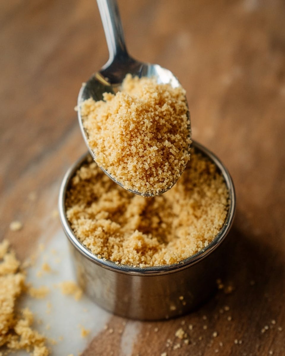 A metal round mold filled with light golden crumbly mixture sits on a white marbled surface. Above it, a spoon holds a scoop of the same crumbly, fine-textured mixture, showing small grains and a sandy appearance. The background remains blurred with warm brown tones, focusing fully on the crumbly mix and the shiny metal mold and spoon. Photo taken with an iphone --ar 4:5 --v 7