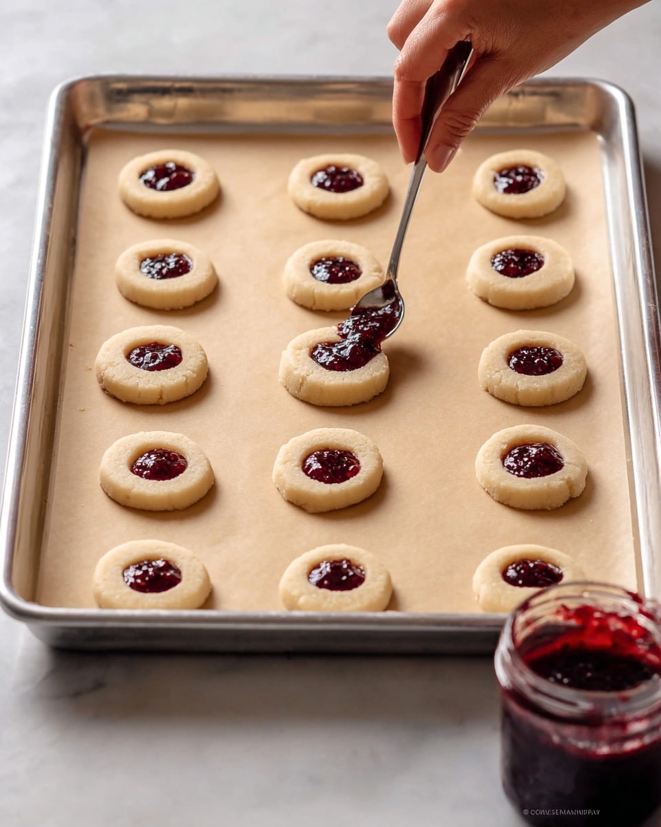 The image shows a metal baking tray lined with light brown parchment paper placed on a white marbled surface. On the tray, there are twelve small round cookie dough balls arranged in a 4 by 3 grid. Each dough ball is pale beige with a smooth texture and has a small round well in the center filled with dark red fruit jam that looks thick and shiny. In the bottom right corner, a woman's hand holds a spoon filled with jam, spreading it into one cookie. Below the tray, an open glass jar of the same dark jam is visible. photo taken with an iphone --ar 4:5 --v 7