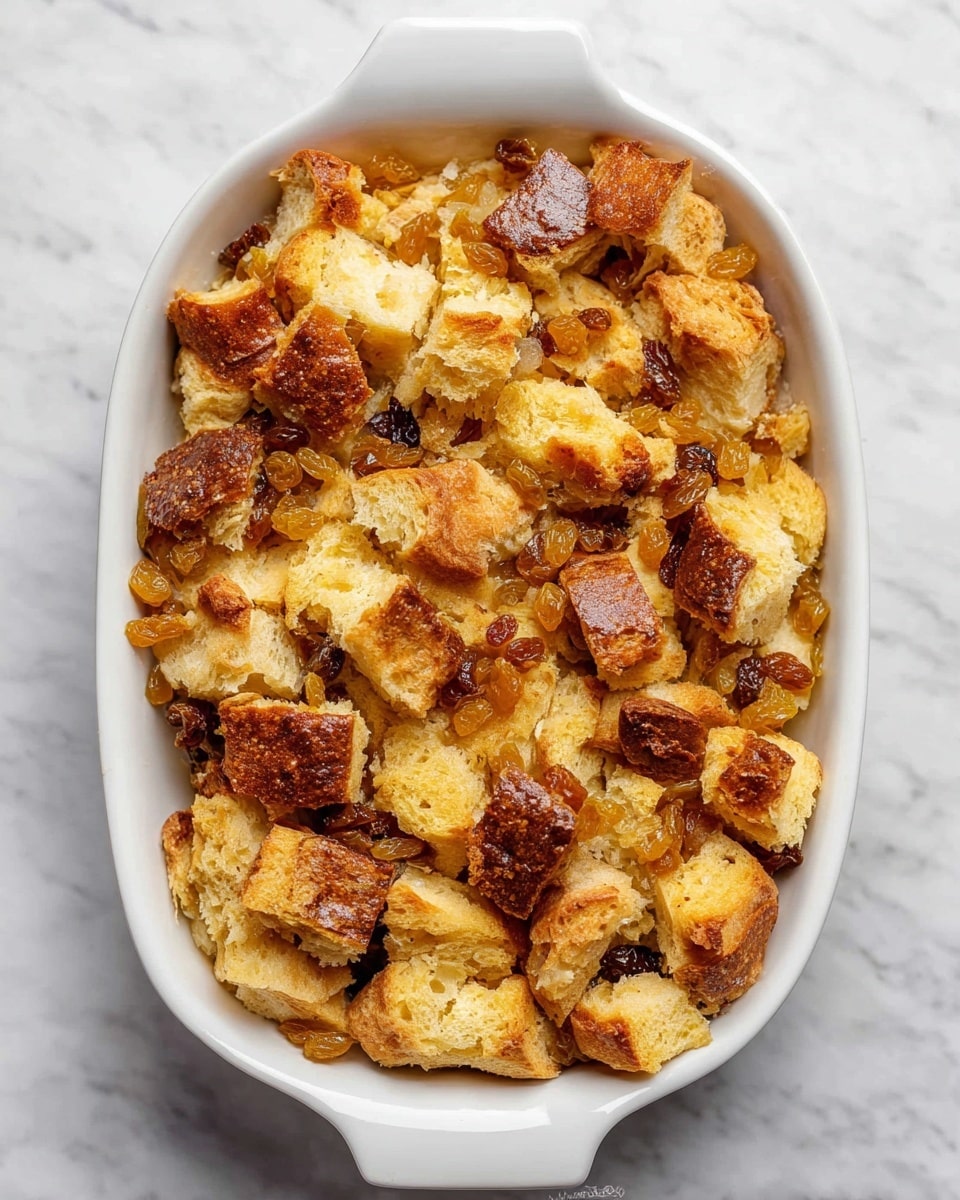 A white ornate rectangular baking dish holds a bread pudding made of uneven chunks of golden-brown bread layered with lighter cream-colored pieces. Scattered throughout are golden raisins adding small spots of darker amber color. The texture is soft and slightly puffy with some crusty edges, showing a mix of smooth and slightly rough surfaces. The dish sits on a white marbled surface, creating a clean and bright background. photo taken with an iphone --ar 4:5 --v 7