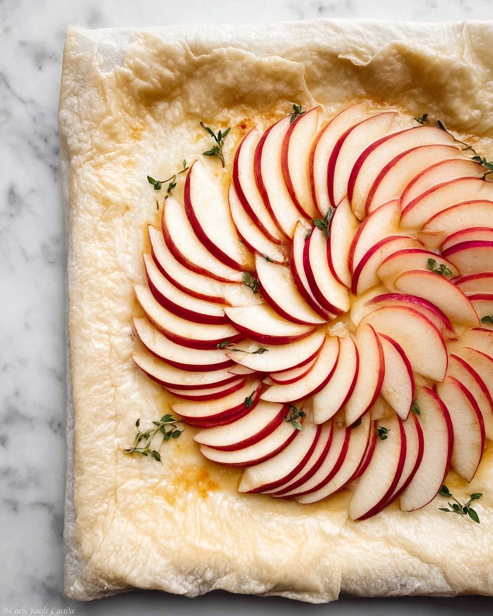 The image shows a round tart or galette base made of thin, translucent layers of light beige dough placed on white parchment paper arranged on a white marbled surface. In the center, thin slices of apple with red skin and pale yellow flesh are layered in a circular, flower-like pattern with multiple rows, overlapping each other closely. The dough layers appear soft and slightly wrinkled with small sprigs of green herbs scattered lightly on and around the dough. The overall look is fresh and delicate, ready for baking. photo taken with an iphone --ar 4:5 --v 7