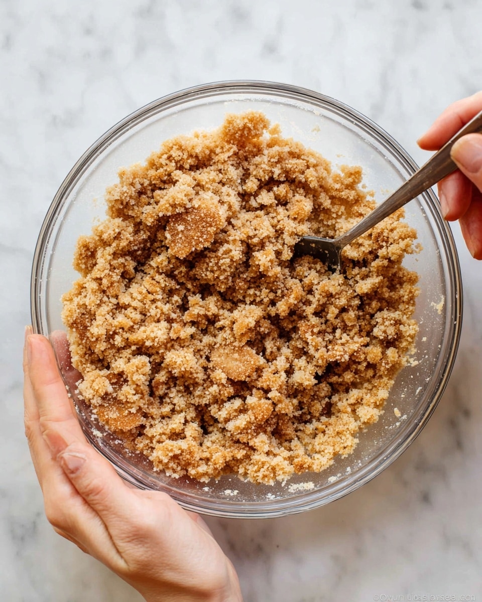 A clear glass bowl filled with a crumbly mixture of light brown and pale beige colors, showing a rough, grainy texture. The mixture looks uneven with small clumps and loose crumbs spread throughout the bowl. A woman's hand is holding a metal spoon inside the bowl, stirring the crumbs, while another woman's hand is steadying the bowl from the bottom. The bowl is placed on a white marbled surface. Photo taken with an iphone --ar 4:5 --v 7