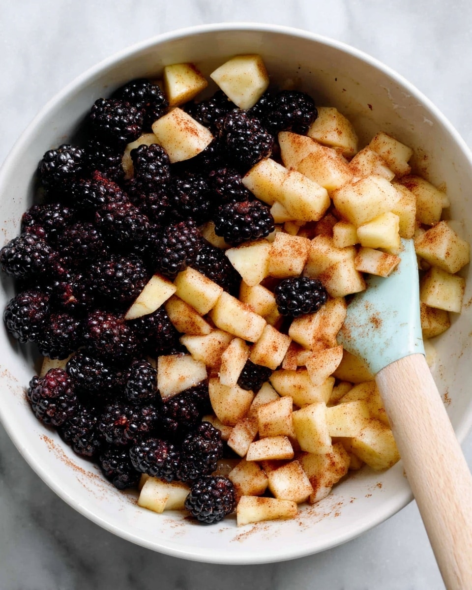 The image shows a close-up of a white bowl filled with a mixture of small, diced light brown and cream-colored fruit pieces along with plump, dark purple-black berries, all coated lightly in a reddish-brown spice or sauce. A light blue spatula with a wooden handle rests inside the bowl on the right side, partially covered by the fruit mixture. The bowl sits on a white marbled surface. The fruit and berries appear moist and fresh, with visible texture on the berries and a soft look to the diced fruit. photo taken with an iphone --ar 4:5 --v 7