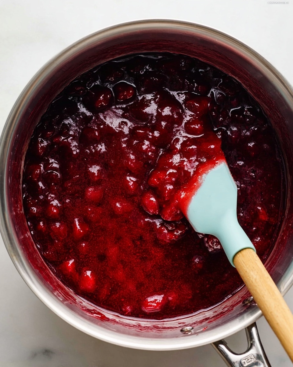 A close-up top view of a shiny stainless steel pan filled with a thick, dark red sauce containing whole and crushed berries, with a light blue silicone spatula resting on the right side of the pan partially covered in the sauce. The sauce has a chunky texture with visible berry pieces and a glossy, sticky surface. The background is a white marbled texture. photo taken with an iphone --ar 4:5 --v 7