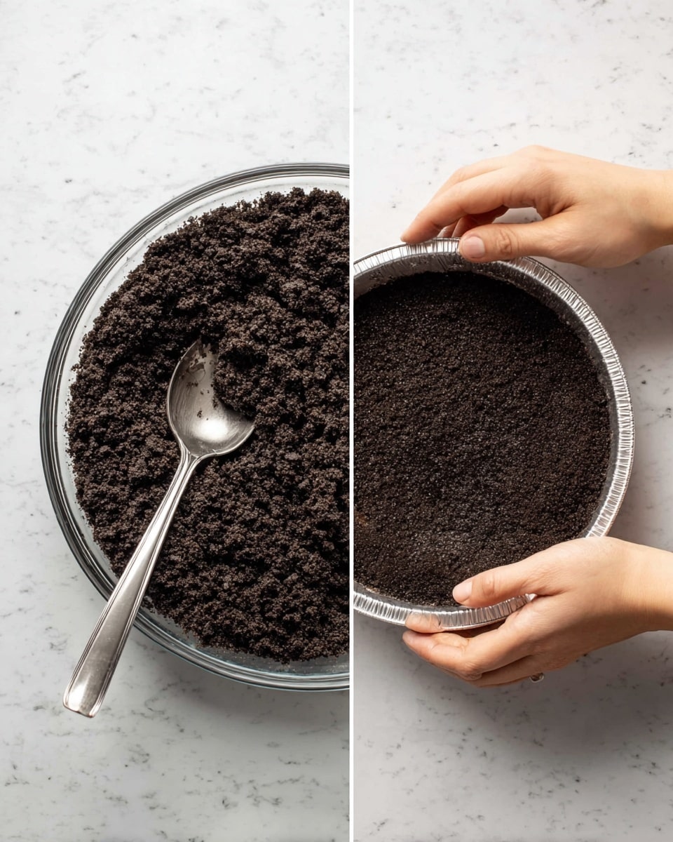 The image shows two steps of making a dark crumb crust. On the left, there is a clear bowl filled with dark, coarse crumb mixture that looks moist and textured, with a metal spoon resting inside. On the right, the crumb crust has been pressed evenly into a round clear glass pie dish, forming one smooth dark layer on the bottom and up the sides. A woman's hand is using a metal measuring cup to press the crust down firmly while the other woman's hand holds the pie dish steady on a white marbled surface. photo taken with an iphone --ar 4:5 --v 7