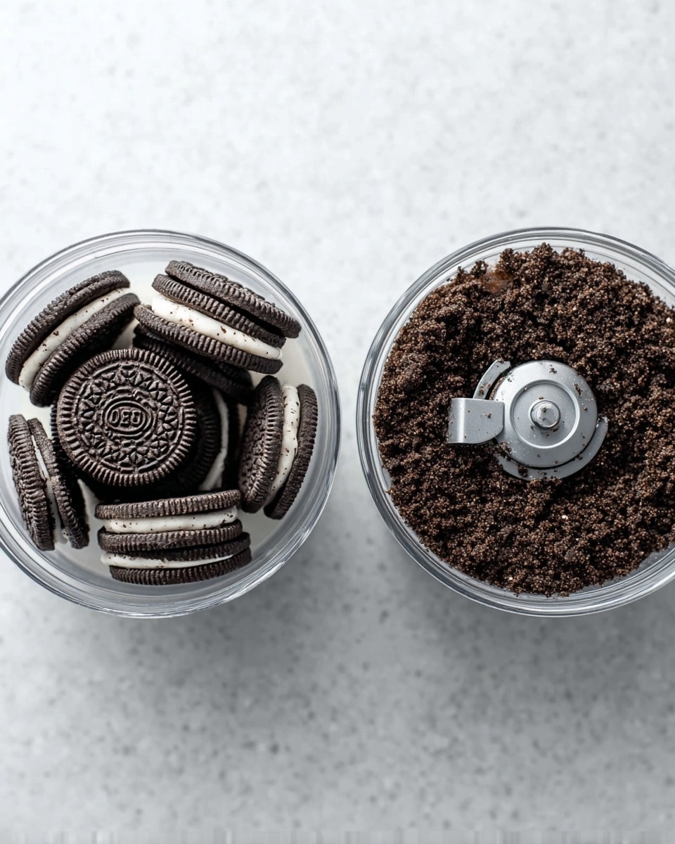 The image shows two side-by-side close-up shots of a food processor container on a white marbled surface. On the left side, the container is filled with whole chocolate sandwich cookies with white cream centers, stacked in an uneven pile. On the right side, the same container holds finely crushed cookie crumbs that are dark brown and have a crumbly texture, evenly spread around the blades in the middle. The food processor blades are visible in the center of both shots, with a clear plastic container surrounding them. Photo taken with an iphone --ar 4:5 --v 7