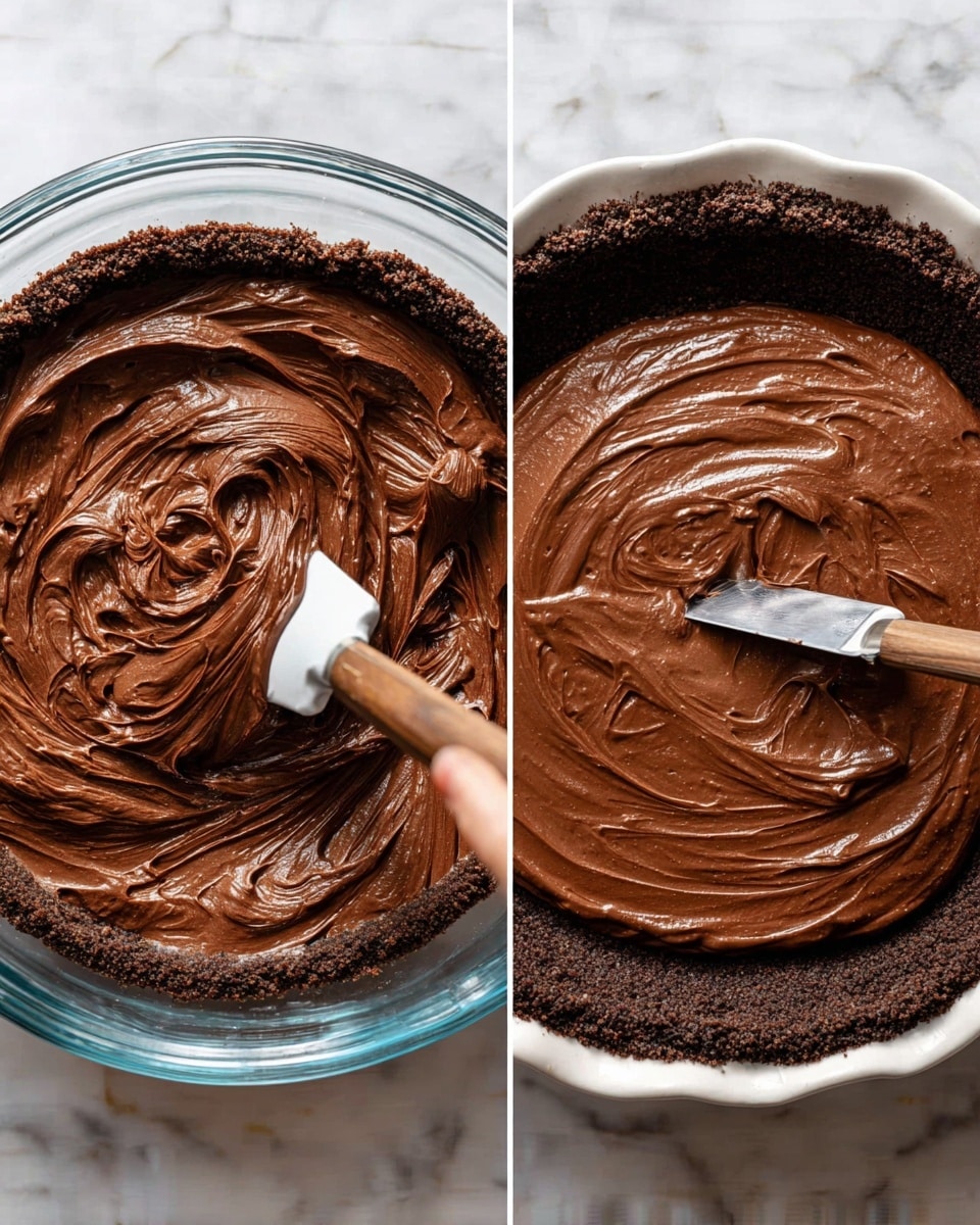 The image shows two parts: on the left, thick smooth chocolate filling swirled inside a clear glass mixing bowl with a white spatula partially covered in chocolate. On the right, the chocolate filling is spread evenly in one thick layer inside a white pie dish with a dark chocolate crust around the edges. A woman's hand holds a metal spatula, making soft swirls in the filling. The dishes rest on a white marbled table. photo taken with an iphone --ar 4:5 --v 7