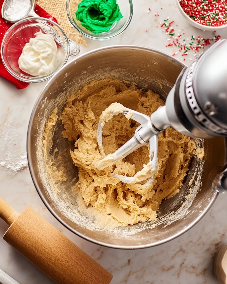 A silver mixing bowl filled with thick, light brown dough sits in the center of the image, attached to a silver mixer with white beaters coated in the dough. Around the bowl, there are three small glass bowls containing green, white, and red icing, a partly visible wooden rolling pin with a light brown handle, and some red and green sprinkles scattered on a white marbled surface. The scene suggests a baking process in progress with bright, festive colors. Photo taken with an iphone --ar 4:5 --v 7