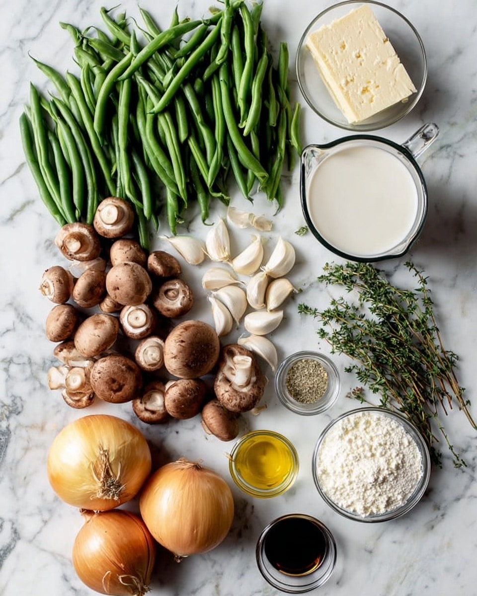 The image shows an organized arrangement of fresh ingredients on a white marbled surface. There are two piles of green beans in different shades of green near the top left. Below the beans, there is a group of whole and halved brown mushrooms scattered around. Two whole yellow onions sit at the bottom left. To the right, there are four peeled garlic cloves above a small bunch of fresh thyme. Near the thyme, there is a glass measuring cup filled with white milk and a small glass cup containing a dark liquid, possibly soy sauce. Below these, there are small bowls containing grated white cheese, a yellow mustard-like paste, olive oil, minced garlic, and white flour, all neatly placed close together. photo taken with an iphone --ar 4:5 --v 7