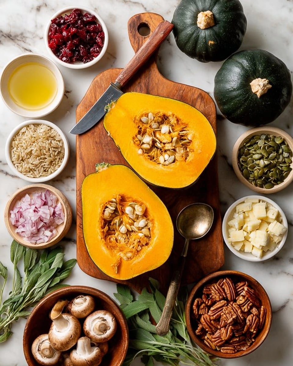 The image shows two halves of a bright orange acorn squash with seeds inside placed on a wooden cutting board, alongside two whole dark green acorn squashes. Around the board are small white bowls with different ingredients: chopped red onions, white crumbly cheese, green pumpkin seeds, dried cranberries, mixed wild rice, and pecans. A bowl filled with light brown mushrooms sits in the bottom left corner with some mushrooms scattered outside. Fresh green herbs, including parsley and sage, are spread near a kitchen knife with a wooden handle on the wooden cutting board. A glass bowl with a yellow liquid and a spoon is also on the board. All of this is set on a white marbled textured surface. Photo taken with an iphone --ar 4:5 --v 7