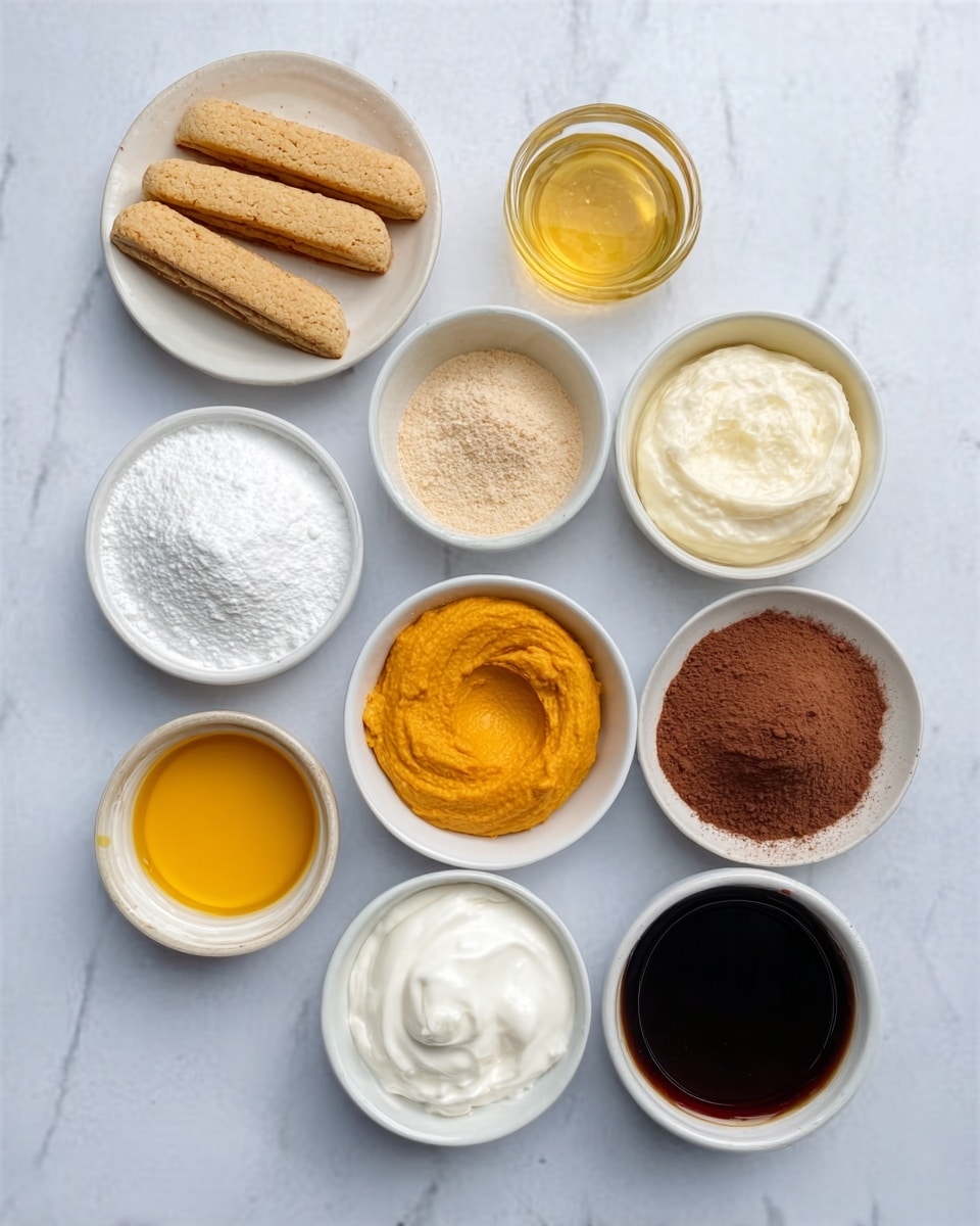 The image shows nine small white bowls and plates arranged in a grid on a white marbled surface. Each bowl holds different ingredients varying in color and texture: light beige biscuits on a small white plate, bright orange smooth puree, thick white cream, a clear liquid, white powder, golden-yellow liquid, fine light brown powder, darker cocoa powder, and thick dark syrup. The bowls and plate are evenly spaced, creating a tidy and clean look. photo taken with an iphone --ar 4:5 --v 7