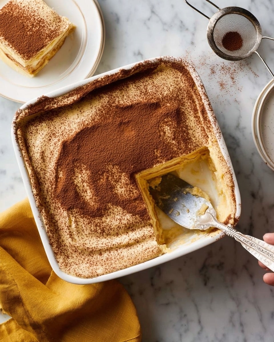 A square white ceramic dish filled with a layered dessert shows a thick top layer of smooth, light brown dusted with darker brown powder. One large square piece is missing from the dish, revealing creamy pale yellow layers beneath the brown surface. A woman's hand holds a serving spatula with an ornate handle, resting on the white marbled surface next to the dish. Nearby, a white plate holds a cut piece of the dessert. A fine mesh sieve dusted with the dark brown powder and a folded mustard yellow cloth lie beside the dish. The background is a white marbled texture. photo taken with an iphone --ar 4:5 --v 7