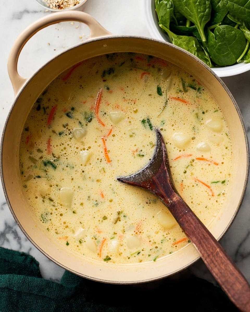 A large round pot with a light cream interior holds a creamy soup with a pale yellow base and small bubbles on the surface. Inside the soup are soft, white potato pieces, thin orange carrot strips, and small diced green vegetables, all mixed together evenly. A wooden spoon with a dark handle lies inside the soup, partially coated with the creamy liquid. To the top left side of the pot, part of a white bowl filled with fresh green spinach leaves is visible. The pot and bowl are placed on a white marbled surface, with a dark green cloth napkin partially visible on the bottom left corner. Photo taken with an iphone --ar 4:5 --v 7