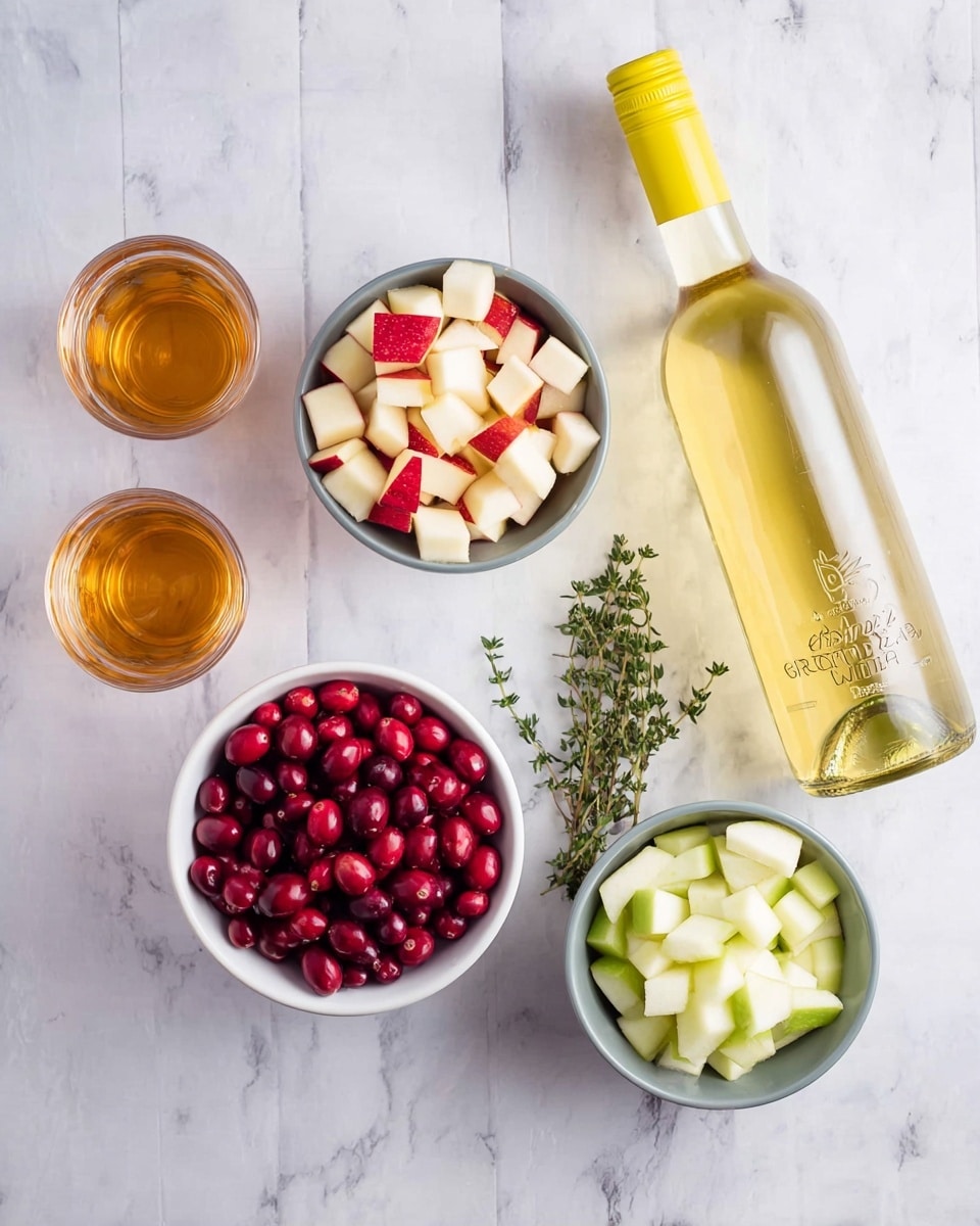 The image shows a white marbled surface with five main items and a small sprig of green thyme. There is a bottle of light greenish-white wine with a bright yellow cap lying on its side on the right. Two small, gray bowls hold cubed fruit: one with red and white apple pieces at the top center, and the other with light green pear pieces at the bottom right. A white bowl at the bottom left is filled with bright red cranberries. At the top left, there are two small clear glasses, one filled with an amber liquid and a smaller one with a light yellow liquid. The thyme sprig rests diagonally across the bottom center area. Photo taken with an iphone --ar 4:5 --v 7