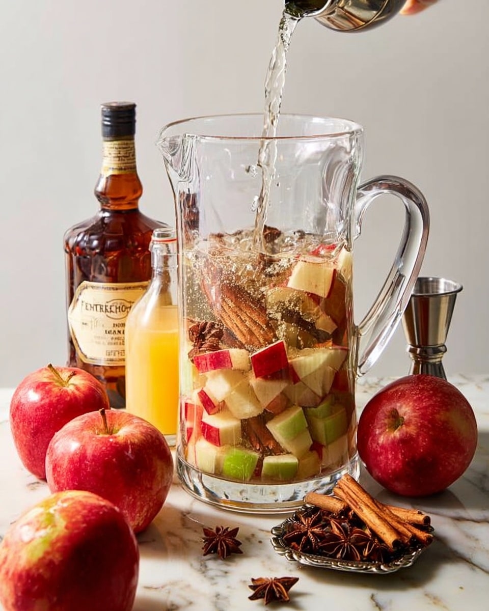 A tall clear glass pitcher filled with many layers of cubed red and green apples, cinnamon sticks, and star anise, with liquid being poured into the pitcher from above, creating bubbles inside. The pitcher sits on a white marbled surface surrounded by whole red apples in front, a brown bottle of Cointreau on the left, a bottle of orange juice behind the pitcher, and a bottle of ginger beer with a silver jigger on the right. A small silver dish with cinnamon sticks and star anise rests nearby. photo taken with an iphone --ar 4:5 --v 7