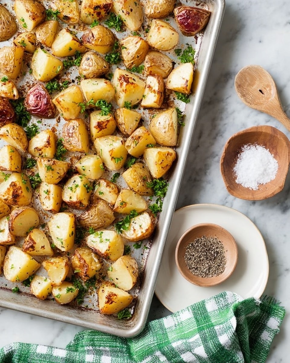 The image shows a metal baking tray filled with golden roasted potato chunks that have browned edges and some red skin still on parts. The potatoes are sprinkled with small green parsley leaves scattered across the tray. To the right side of the tray, there are two small light brown dishes; the upper one holds coarse salt, and the lower one holds close ground black pepper. A white plate with a green checkered cloth is partially visible below the dishes. The whole scene is set on a white marbled surface. Photo taken with an iphone --ar 4:5 --v 7