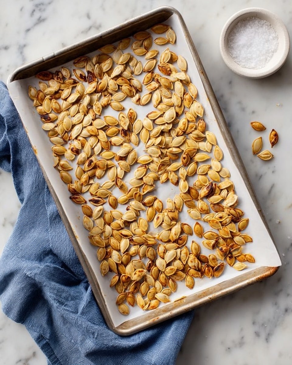 A rectangular metal baking tray lined with white parchment paper is filled with a single layer of roasted pumpkin seeds that are golden brown with some darker toasted spots. The tray is placed on a white marbled surface with a folded blue cloth napkin near its bottom left corner. To the top right of the tray, there is a small round white bowl with coarse salt inside. The overall scene has soft lighting, showing texture on the seeds and the tray. photo taken with an iphone --ar 4:5 --v 7
