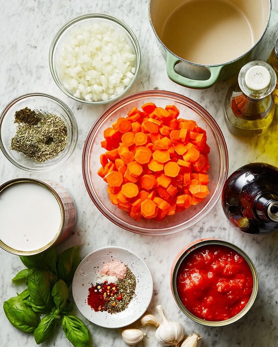 The image shows several glass bowls and cans with cooking ingredients arranged on a white marbled surface. In the center, there is a bowl filled with bright orange, sliced carrot pieces. To the left, there is a bowl with finely chopped white onions, and above it, a smaller bowl with minced garlic. To the right, there is an open can of bright red whole peeled tomatoes and a small white plate holding a mix of dried green herbs, red chili flakes, and coarse salt. Below, a partially opened can reveals white coconut milk. Fresh green basil leaves and three garlic cloves lie at the bottom. There is a white pot with green handles near the top center, a tall glass bottle of olive oil, and a dark glass bottle with a handle nearby. photo taken with an iphone --ar 4:5 --v 7