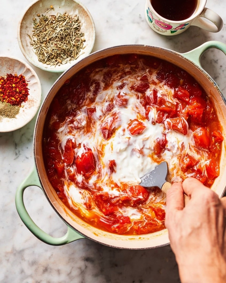 A close-up view of a white pot with light green handles filled with a thick tomato stew. The stew has bright red tomato chunks mixed with swirls of white cream or yogurt spread unevenly on top. A woman's hand is stirring the stew with a gray spatula, creating a marbled mix of red and white colors in the center. Around the pot, there is a white marbled surface with a small white bowl containing dried herbs and red chili flakes, and a small white cup with a floral design holding a dark liquid. photo taken with an iphone --ar 4:5 --v 7