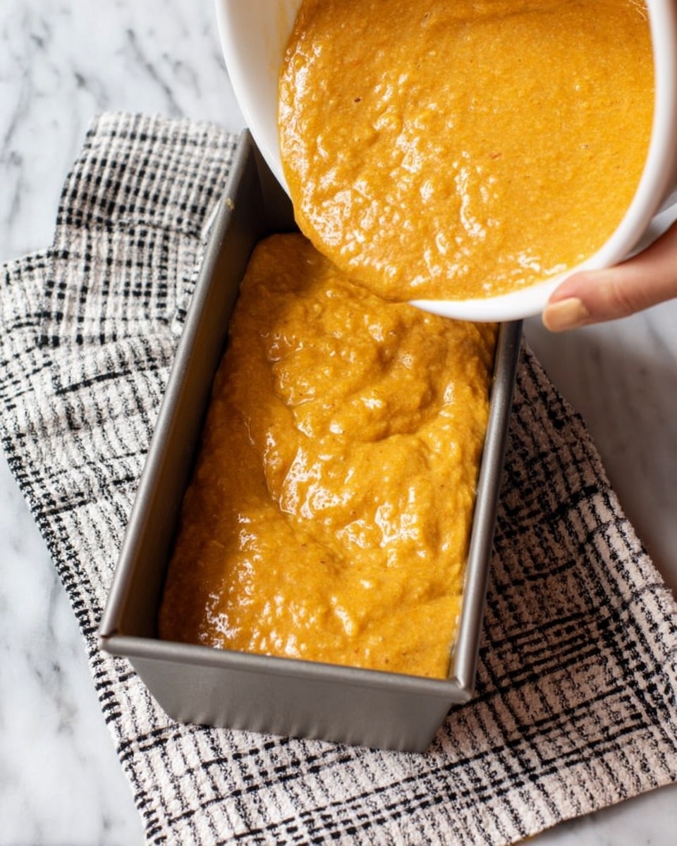 A thick, textured orange batter is being poured from a white bowl into a rectangular metal loaf pan. The batter fills the bottom of the pan unevenly, showing a slightly lumpy surface with small bubbles and a glossy finish. The woman's hand holds the bowl at an angle, allowing the batter to flow smoothly inside the pan. The pan sits on a white and black checkered cloth on a white marbled surface. Photo taken with an iphone --ar 4:5 --v 7