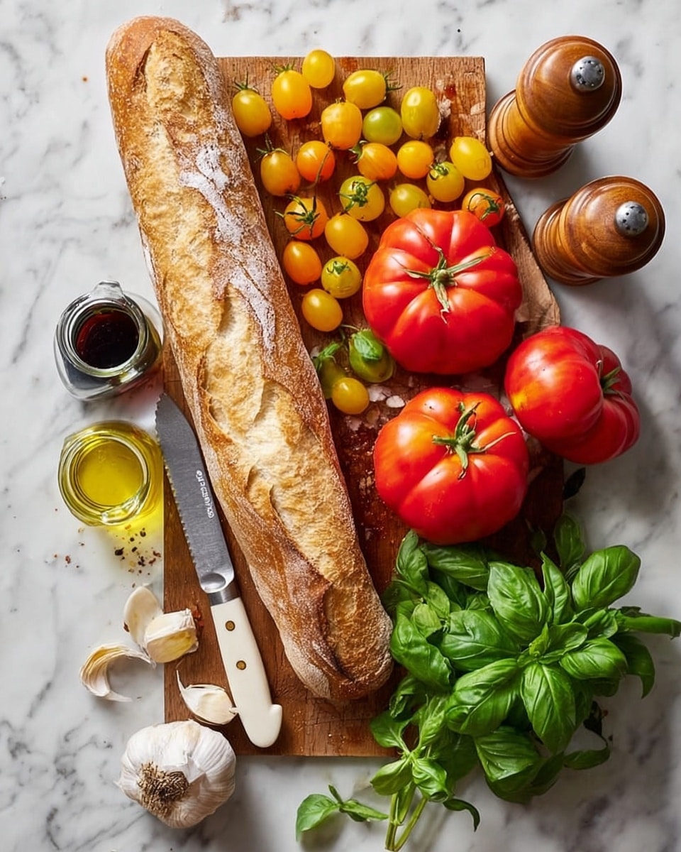 The image shows a long crusty baguette placed diagonally on a wooden cutting board, with bright yellow cherry tomatoes scattered around and on top of the baguette. To the right of the baguette, there are large, round, red tomatoes with green stems visible, and below them is a bunch of fresh green basil leaves. On the left side of the cutting board, there is a serrated knife with a white handle, two small glass bottles with yellow and dark liquids, and cloves of garlic near the bottom. At the top right corner of the cutting board, there is a wooden pepper grinder. All of this is set on a white marbled surface. Photo taken with an iphone --ar 4:5 --v 7