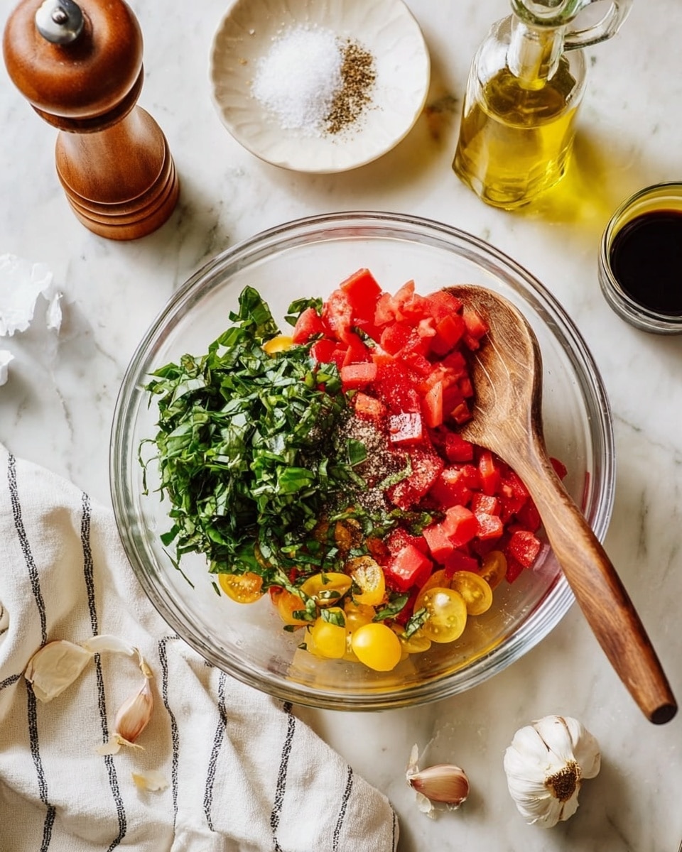 A clear glass bowl sits on a white marbled surface with a wooden spoon resting inside it. Inside the bowl, there are three main layers: a pile of fresh green chopped basil on the left, vibrant red diced tomatoes on the right, and a few small pieces of yellow cherry tomatoes mixed with some black pepper sprinkled over everything. Around the bowl, there is a wooden pepper grinder on the left, a small white plate full of coarse salt at the top, a clear glass bottle filled with golden olive oil, and a smaller clear glass container with dark balsamic vinegar on the right. A white cloth with thin black stripes is partially visible beneath the bowl, and a few peeled garlic cloves are scattered on the surface. The photo was taken with an iphone --ar 4:5 --v 7