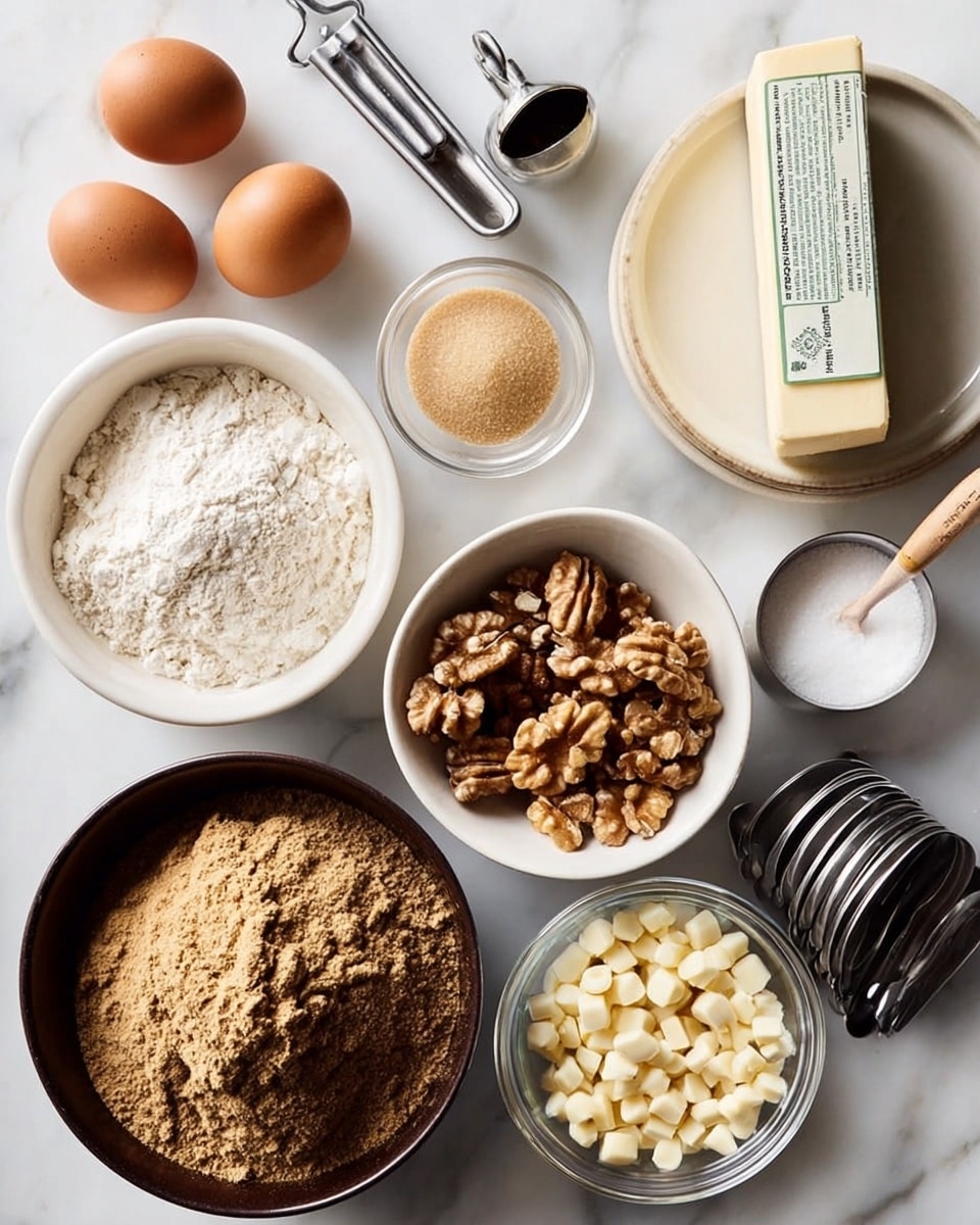 The image shows an overhead view of baking ingredients arranged on a white marbled surface. Starting from the top left, there are three brown eggs, a set of metal measuring spoons, and a stick of butter wrapped in paper on a round white plate. Next to the plate is a glass bowl with a pale beige spatula inside, and a small white bowl with coarse salt. Below, a larger black bowl filled with light brown sugar sits near a white bowl containing shelled walnuts. To the left, there is a white bowl with flour and a small glass bowl filled with white chocolate chips. Near the bottom right corner are silver measuring cups stacked together. Every item is neatly placed and well lit, making the scene clear and bright. Photo taken with an iphone --ar 4:5 --v 7