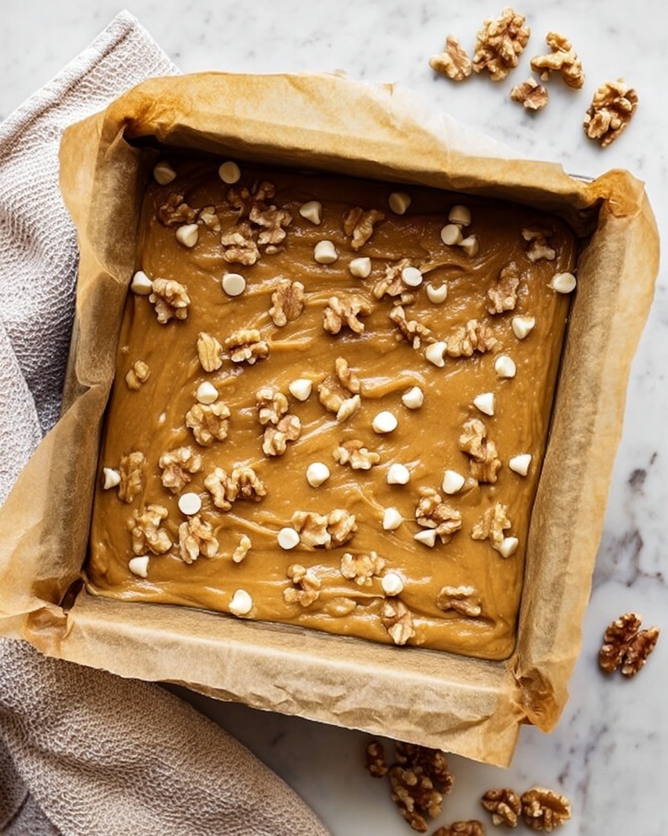 The image shows a baking pan lined with slightly wrinkled brown parchment paper filled with a thick, smooth light brown batter. The batter is evenly spread and topped with scattered chunks of walnuts and white chocolate chips, creating a textured contrast on the surface. The pan is placed on a white marbled surface with pieces of walnuts and chips around it, adding to the rustic look. A light beige textured cloth is partially visible on the left side of the frame. photo taken with an iphone --ar 4:5 --v 7