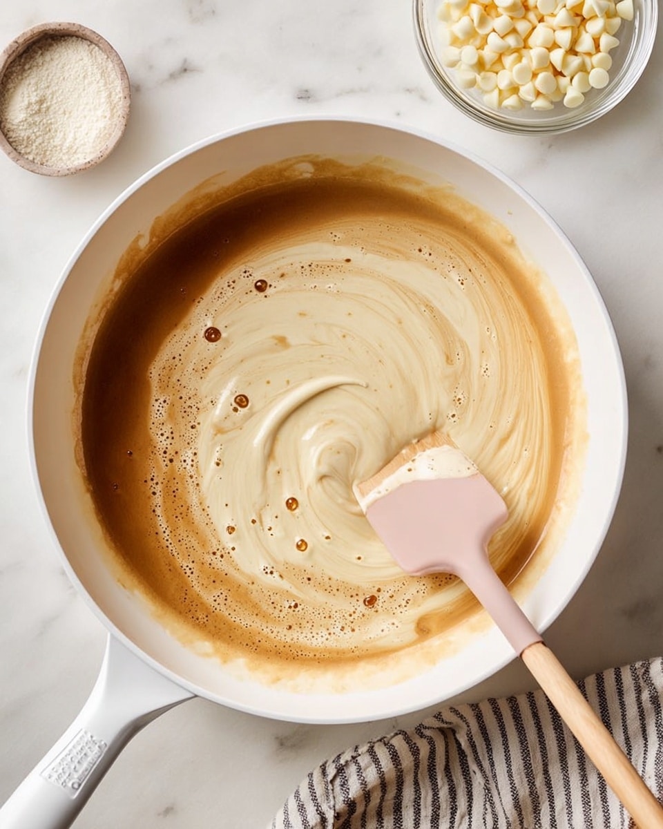 A white deep pan with a creamy light beige foam filling most of the center, swirling around a darker caramel brown liquid in the middle. A pale pink spatula is stirring the mixture, showing thick and smooth texture with small bubbles on the foam. The pan is on a white marbled surface with a small glass bowl filled with white chocolate chips near the top right corner, part of a striped cloth on the lower right, and a small round container with white powder near the left side. Photo taken with an iphone --ar 4:5 --v 7