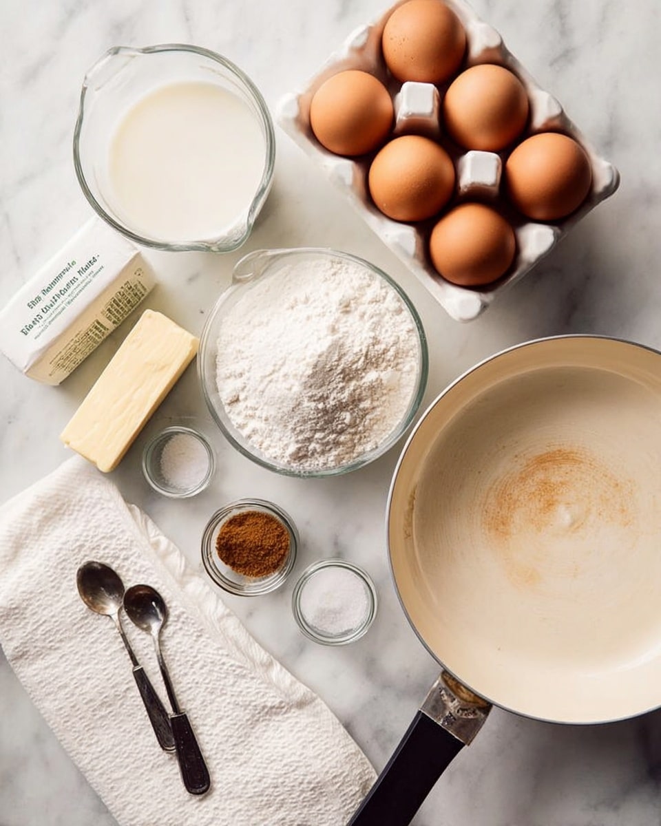 The image shows a white marbled surface with several baking ingredients and tools arranged neatly. There is a white pan on the right side, slightly worn in the center. Above it and slightly to the right, a white egg holder contains four brown eggs. On the left side, there is a glass measuring cup with milk, a small glass bowl with granulated sugar, and a small mound of white flour on the surface. A stick of butter with wrapping is placed near the center, next to a set of metal measuring spoons and a small jar of brown spice. A white textured towel is folded under the pan’s handles at the bottom. Photo taken with an iphone --ar 4:5 --v 7