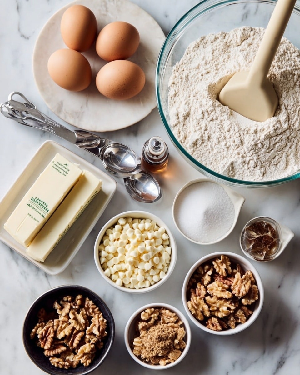 The image shows several baking ingredients arranged neatly on a white marbled surface. There are three brown eggs placed next to a white circular plate holding two sticks of butter, a small block of cream cheese, and a small bottle of vanilla extract, along with metal measuring spoons. A large clear glass mixing bowl with a beige spatula resting inside is positioned towards the upper right. Smaller white bowls contain white sugar, white chocolate chips, and walnuts, while a black bowl holds light brown sugar. Another white bowl is filled with flour. The setup looks clean and organized, ready for baking. photo taken with an iphone --ar 4:5 --v 7