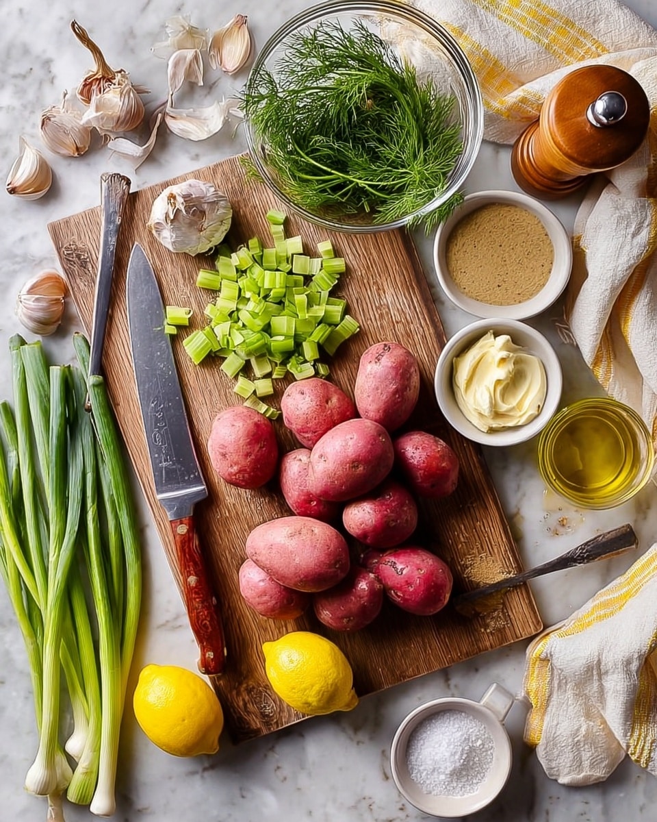 The image shows a wooden board on a white marbled surface with nine red potatoes piled in the center. To the left of the potatoes, a large knife with a wooden handle rests next to finely chopped celery pieces and celery sticks. Above the potatoes, a clear glass bowl holds fresh green dill and green onions, with part of a yellow and white striped cloth nearby. To the top right of the potatoes, a small white bowl holds grainy mustard, and next to it is a small clear glass bowl with mayonnaise, along with peeled garlic cloves arranged beside them. A wooden pepper grinder is placed near the top center. On the white marbled surface at the bottom, there are green onions, a halved lemon, a whole lemon, a yellow lemon squeezer, and a small white bowl filled with salt. A glass bottle of olive oil with a handle is near the top right corner. Photo taken with an iphone --ar 4:5 --v 7