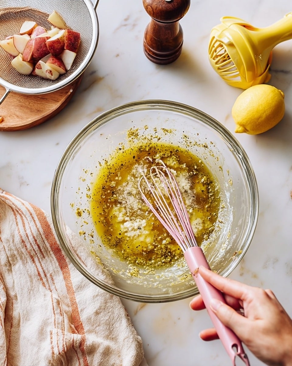 A clear glass bowl sits on a white marbled surface with a beige and white striped cloth partly underneath. Inside the bowl, a yellowish-green mixture of olive oil, grainy mustard, cream, and black pepper is being stirred with a pink whisk held by a woman's hand on the right side. To the top right of the bowl, a yellow lemon squeezer with a squeezed half lemon beside it is placed. In the upper left corner, a metal colander holds pieces of cooked red potato, and a dark wooden pepper grinder is just above the bowl. The scene is bright and clean with soft natural light. photo taken with an iphone --ar 4:5 --v 7