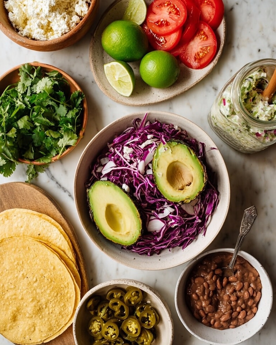 A white bowl sits in the center filled with shredded purple and green cabbage topped with two halves of a ripe avocado, one with the pit still inside, showing smooth green and light yellow flesh; this bowl is surrounded by other small white bowls containing green pickled jalapeño slices with seeds and small white onion pieces in a clear liquid, a creamy white sauce, crumbled white cheese, and refried beans with a thick brown texture. A small bunch of fresh green cilantro and three whole and halved bright green limes rest on a round, neutral-toned plate near the top. Bright red tomato wedges are placed on a rustic round plate with warm brown tones. To the left, several round yellow corn tortillas lean slightly on a white marbled surface. A woman's hand is not visible but implied as the spoon is in the jar of pickled jalapeños. The entire setup sits on a white marbled tabletop. photo taken with an iphone --ar 4:5 --v 7