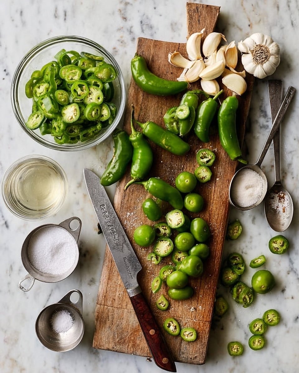 The image shows a wooden cutting board on a white marbled surface. On the board, there is a pile of whole green peppers with smooth, shiny skin, some sliced into round pieces scattered near a knife with a brown wooden handle. In the top right corner of the board, there is a cluster of garlic cloves with some separated from their white, papery skins. A small glass bowl with sliced green peppers sits on the left side of the board. Around the cutting board, there are measuring cups filled with sugar and a clear liquid, along with two metal measuring spoons, one marked