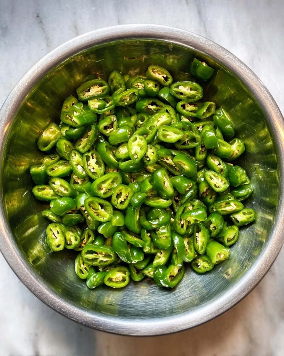 A shiny steel bowl sits on a white marbled surface, filled with many small, bright green sliced chili peppers. The chili pieces are unevenly scattered inside the bowl, showing their shiny, smooth texture with visible seeds. The spicy green chilies create a fresh and vibrant look inside the metal bowl. photo taken with an iphone --ar 4:5 --v 7