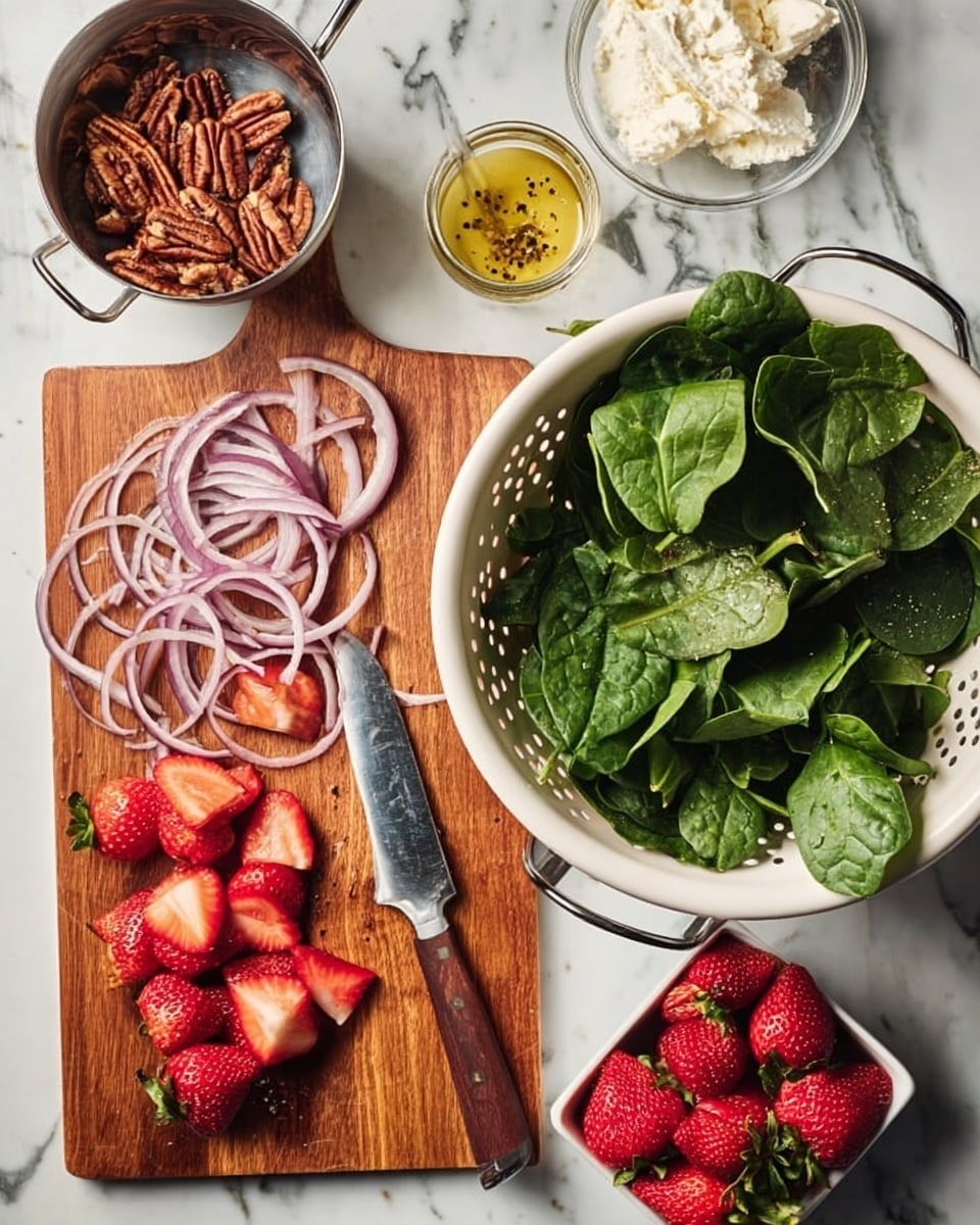 The image shows fresh ingredients arranged on a white marbled surface for a colorful salad. On the right side, there is a white colander full of dark green spinach leaves with a metal handle. Below the colander, a wooden cutting board holds sliced red onions in thin rings, a metal measuring cup filled with pecans, and a sharp knife with a brown wooden handle. Near the cutting board, a few fresh whole and sliced bright red strawberries are placed, with more strawberries packed in a small white square bowl at the bottom right. Above the cutting board, there is a small white bowl with soft white cheese, and next to it, a small jar of yellow dressing with black pepper on top. photo taken with an iphone --ar 4:5 --v 7