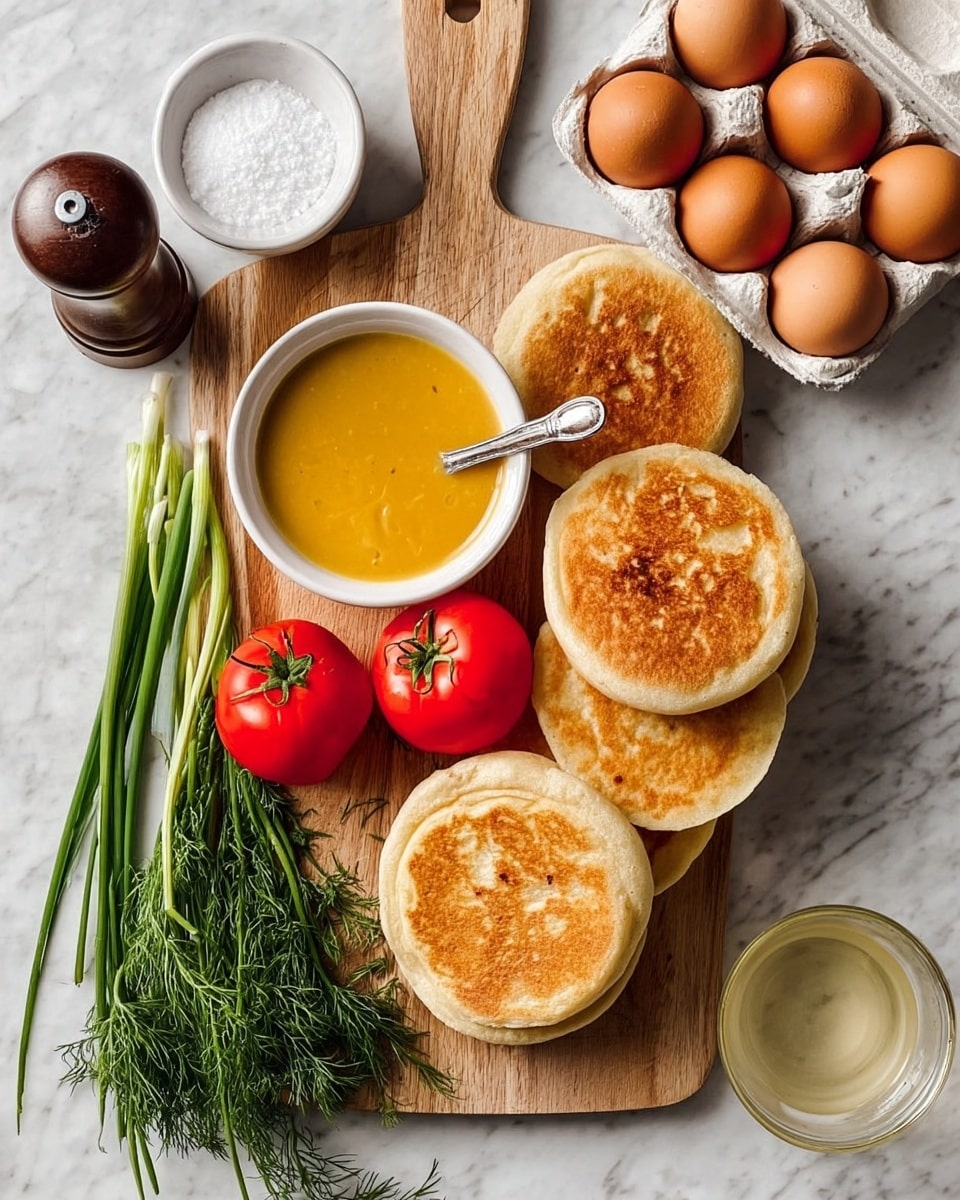 The image shows a wooden cutting board on a white marbled surface with fresh ingredients arranged neatly. There are five toasted English muffins with golden brown tops and soft, porous interiors stacked in two piles to the right. Two bright red tomatoes with green stems rest near the center. Fresh green chives and dill herb sprigs lay in a bundle to the left of the tomatoes. On the cutting board, a small white bowl holds a smooth, rich yellow sauce with a silver spoon inside. Near the bottom right, a clear glass container holds a light liquid. In the upper right corner, a white egg carton contains six brown eggs, and to the left of the board a small white bowl with coarse white salt sits next to a dark pepper grinder. Photo taken with an iphone --ar 4:5 --v 7