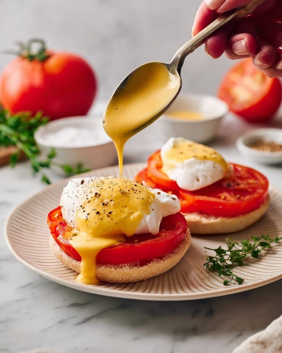 The image shows two halves of an English muffin on a white plate with subtle ridges. Each muffin half is topped with bright red tomato slices arranged in a circle. On top of the tomatoes, there are soft white poached eggs sprinkled with black pepper. A woman's hand is holding a spoon and pouring a thick smooth yellow sauce over one of the poached eggs. The background features a white marbled surface, with a whole tomato, some green herbs, and two small white bowls containing sauce and salt blurred in the back. The scene is well-lit and has a fresh, clean look. photo taken with an iphone --ar 4:5 --v 7